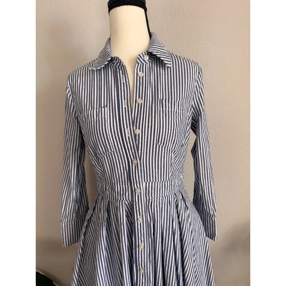 Eliza J Blue White Striped Shirt Dress 100% Cotton Button Front Size 4 Pockets - Picture 4 of 12